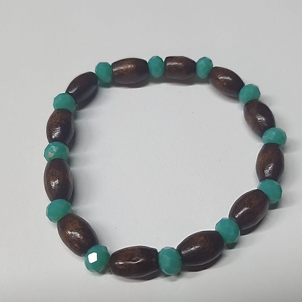 Wooden Beaded Crystal Jewelry Stretch Bracelet Blue Brown